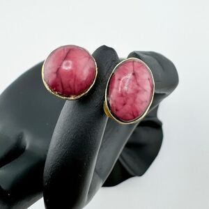 Vintage Hammered Pink Stone Brutalist Double Ring Boho Chic Southwestern Retro